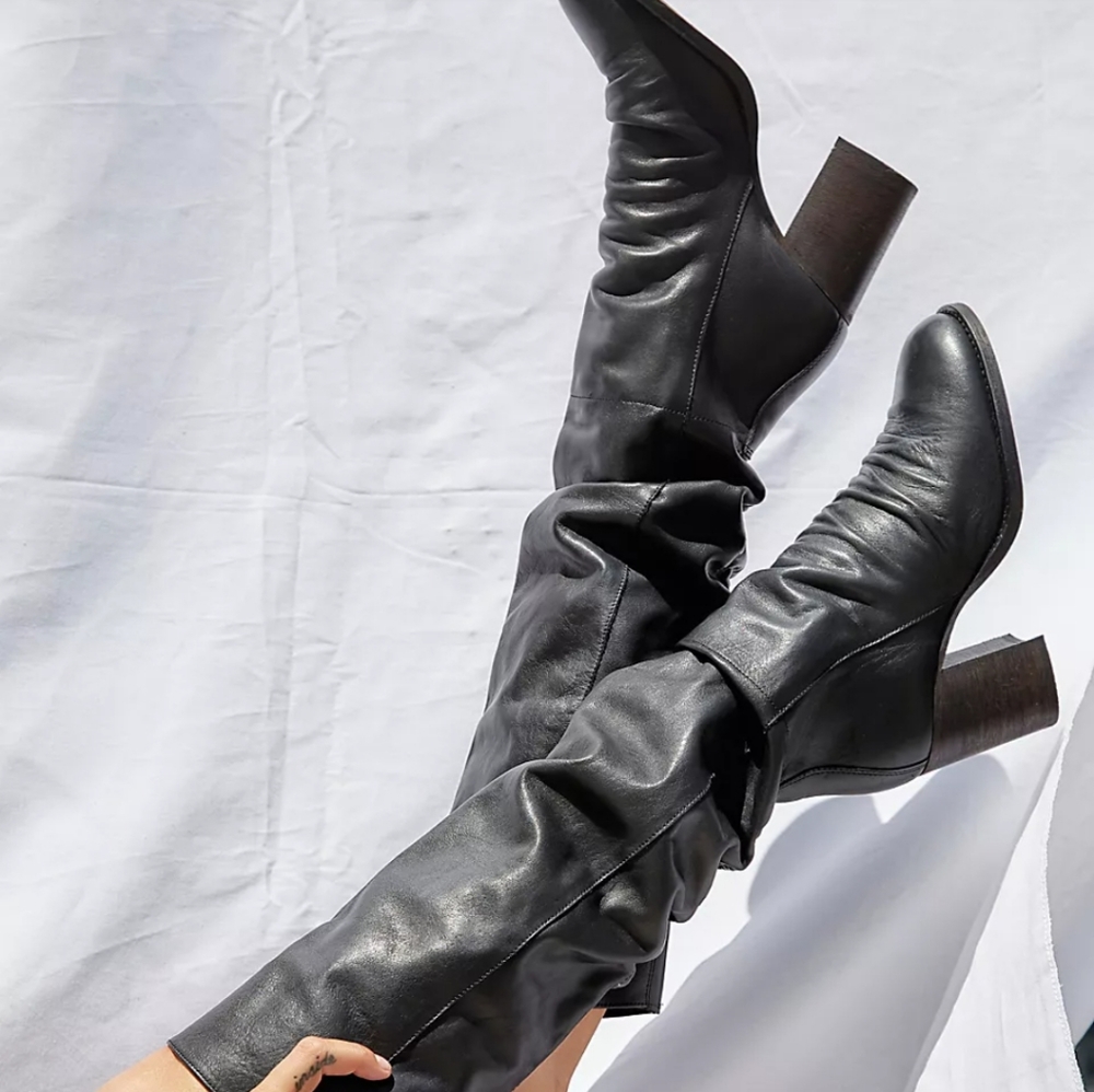 Free People Collection Elle Knee High Boots Black Leather Slouchy Sz 37 & 39 NWT